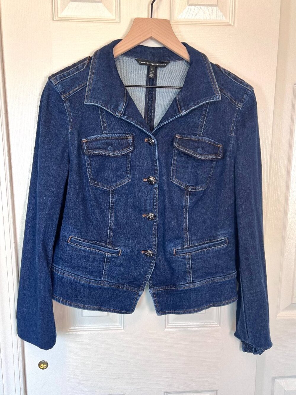 White House Black Market Denim Blazer Dark Wash Jean Jacket Size 10